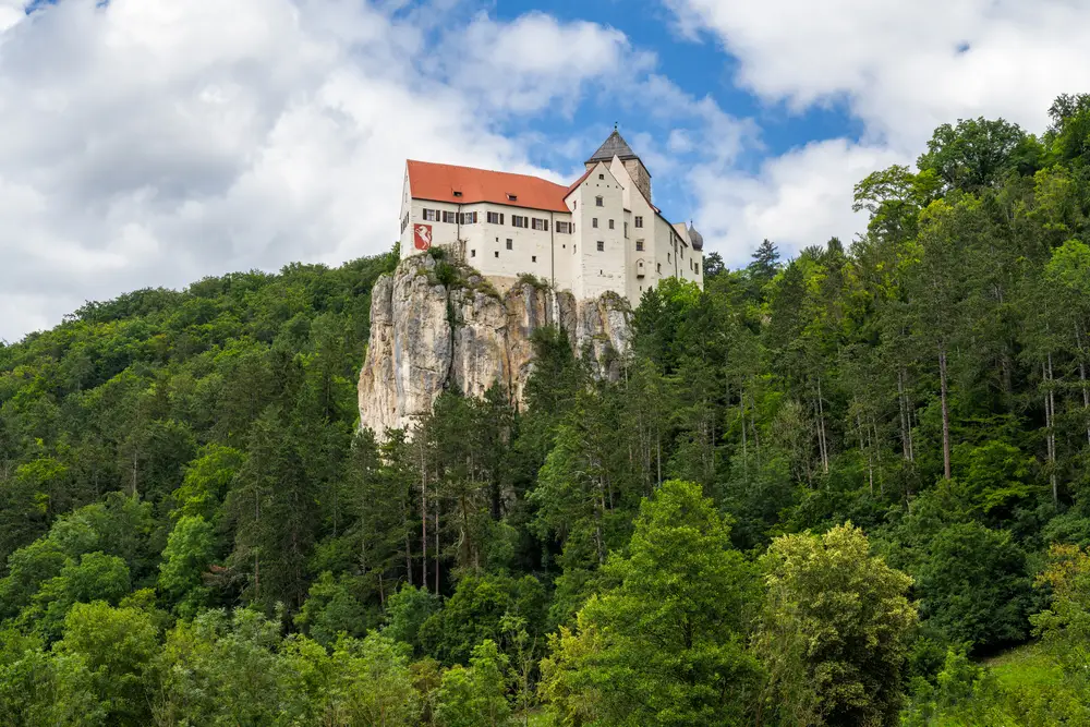 il castello di prunn che si trova in cima a una collina o montagna in una foresta.
